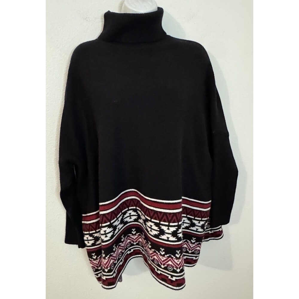 Joseph A Sweater Turtleneck Oversized Boxy Black White  Red Aztec Boho Size M